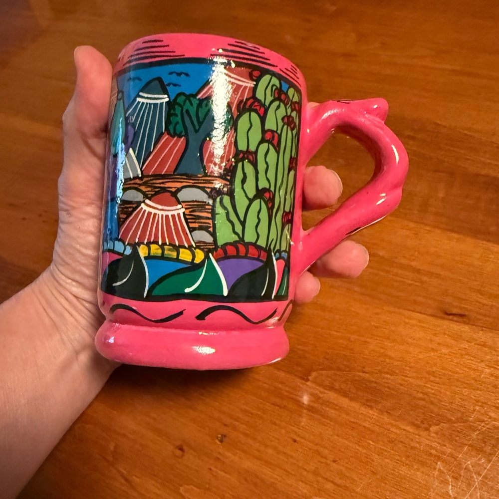 Red Clay Hand Painted Folk Art Mug Mexico Vintage
